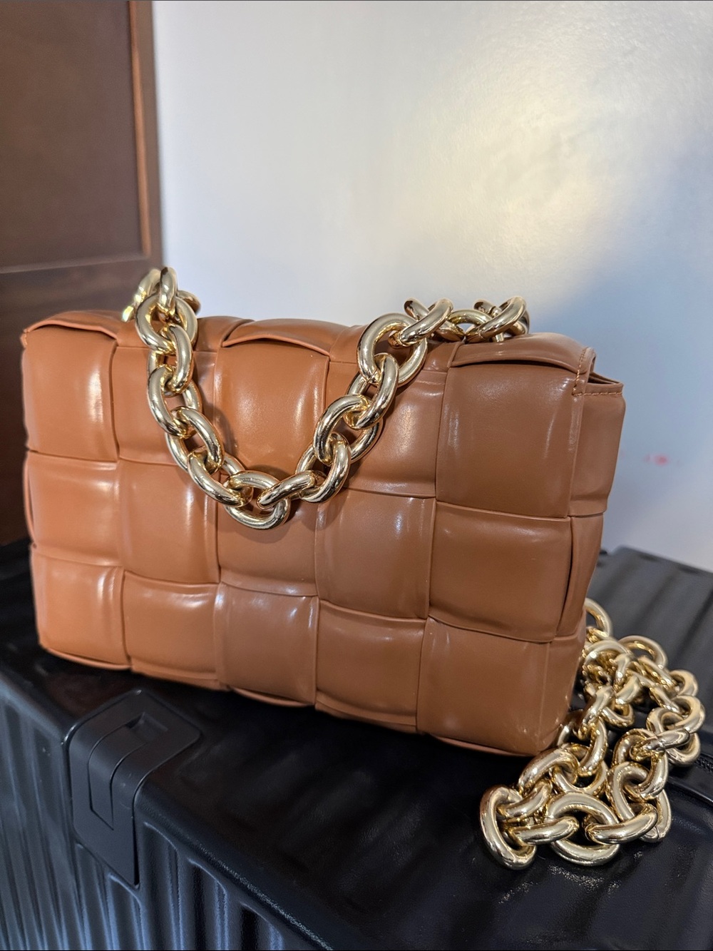 Woven Leather Chain Shoulder Bag - Tan